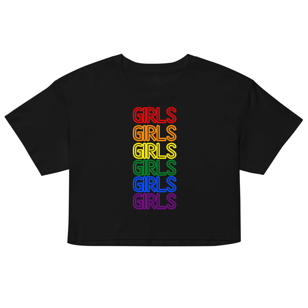 Front view of a black crop top with six stacked, rainbow-colored “GIRLS” words.