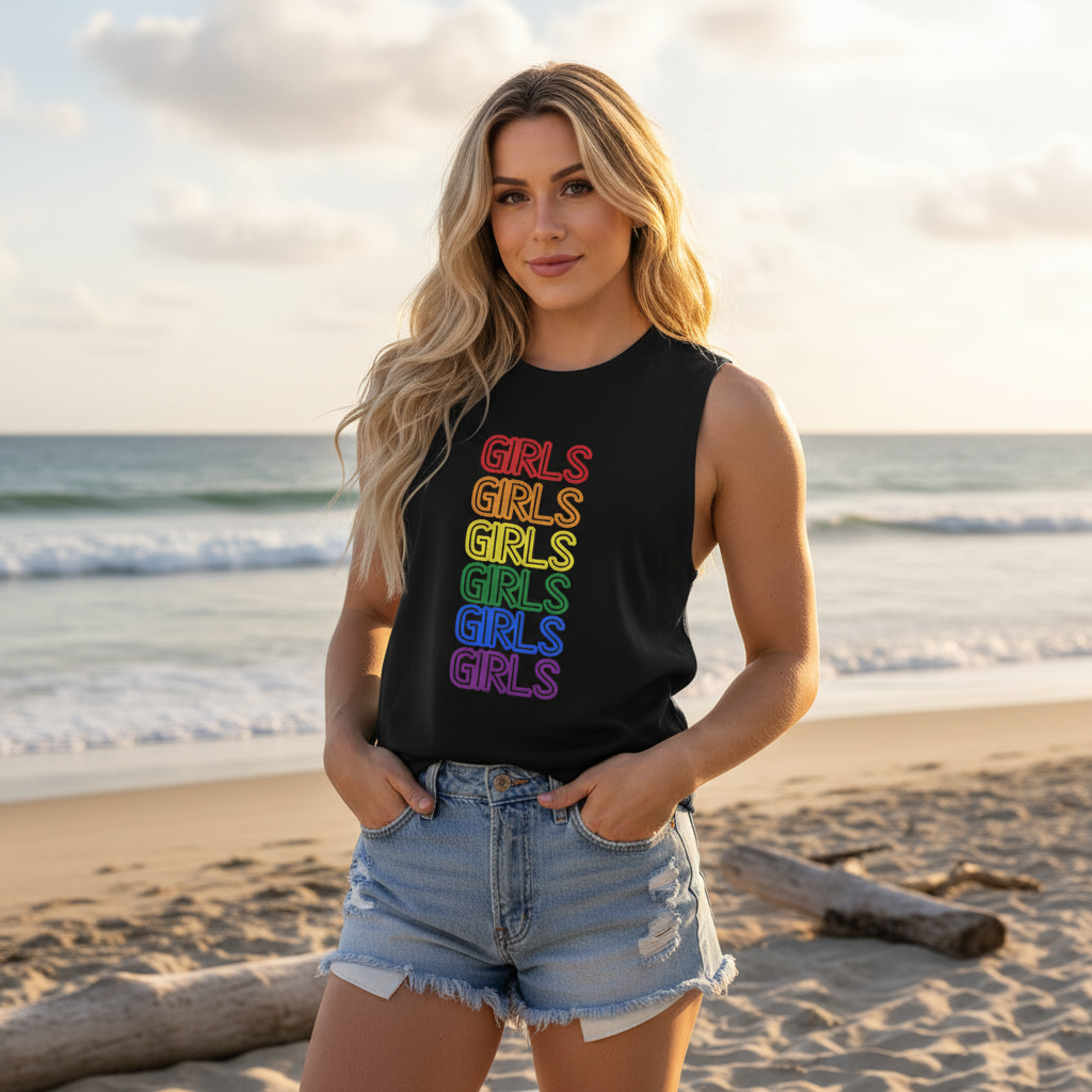 Girls Girls Girls Muscle Top styled with distressed denim shorts on a blonde femme