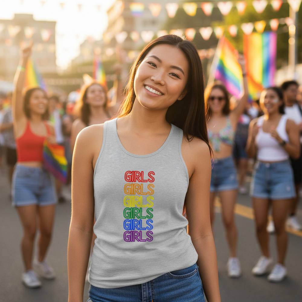 Unisex tank top with “Girls Girls Girls” in bold rainbow letters