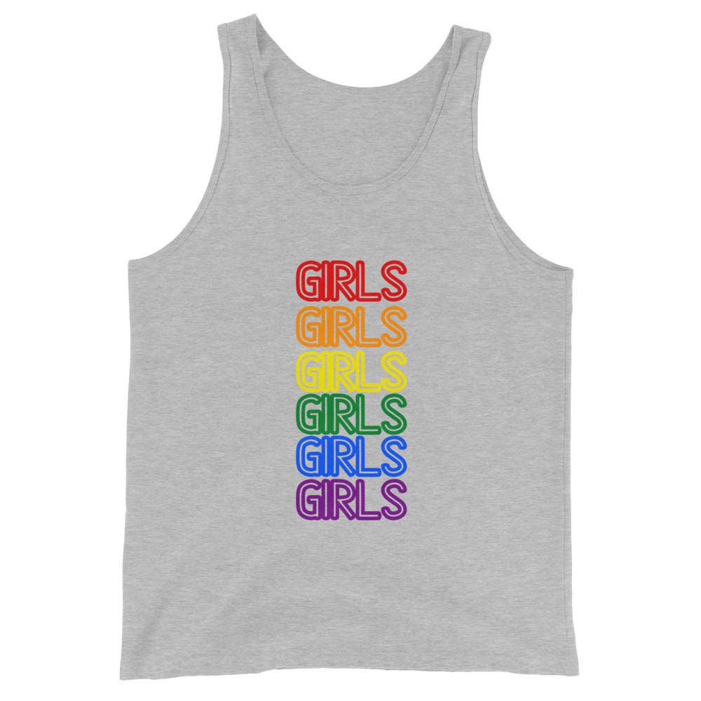 Front view of a gray tank top with “GIRLS” repeated six times in rainbow colors