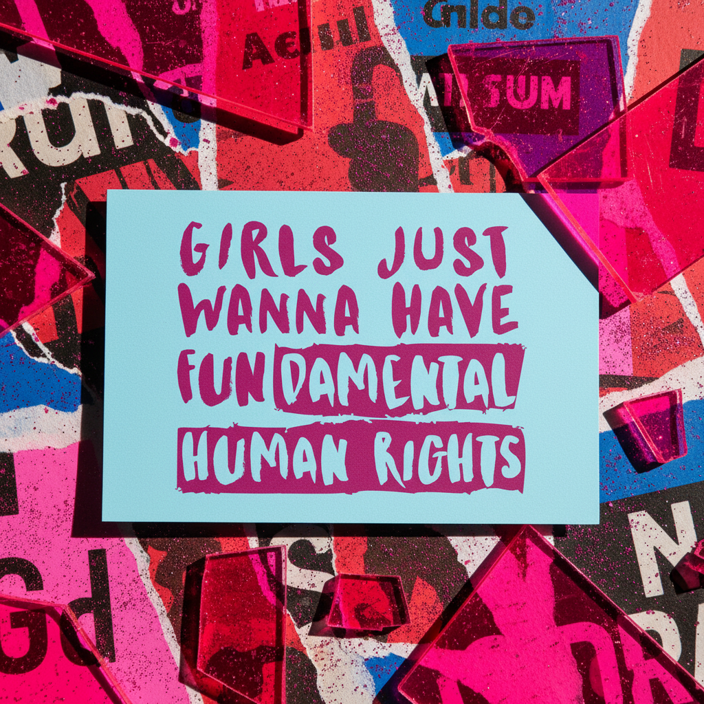 Postcard with "Girls Just Wanna Have Fundamental Human Rights" in bold pink and white on blue, graffiti accents