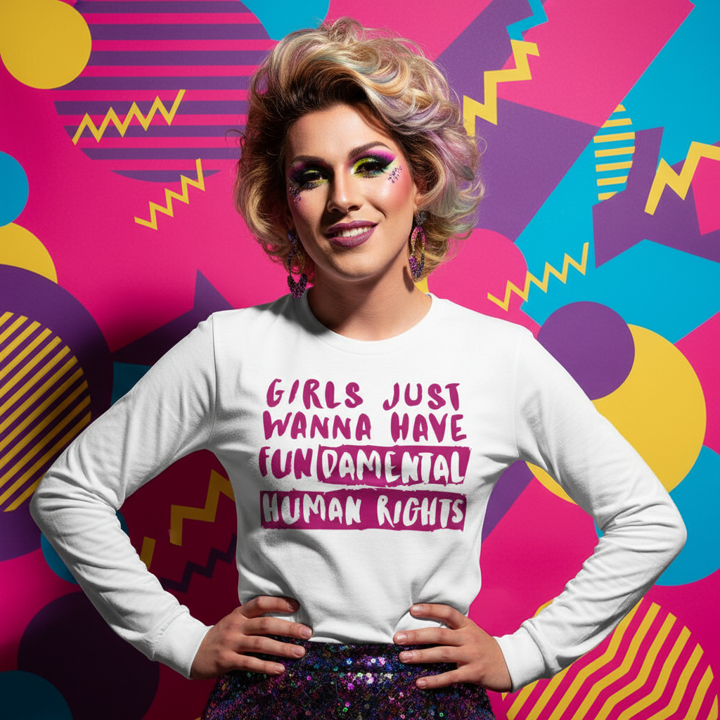 Unisex long sleeve tee reading “Girls Just Wanna Have Fundamental Human Rights” worn by a smiling person in glam makeup