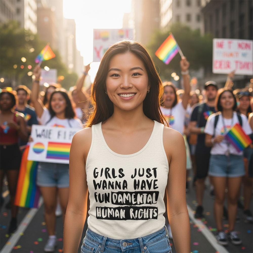 Unisex tank top reading "Girls Just Wanna Have Fundamental Human Rights" worn by a person at a pride parade