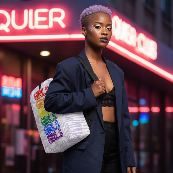 Girls Girls Girls Minimalist Backpack with “GIRLS” in rainbow, worn by a femme with lavender hair, navy blazer