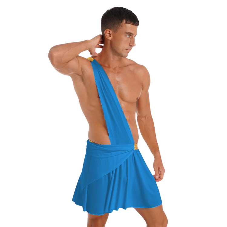 Model wearing a blue one-shoulder gladiator-style tunic with a short flared skirt