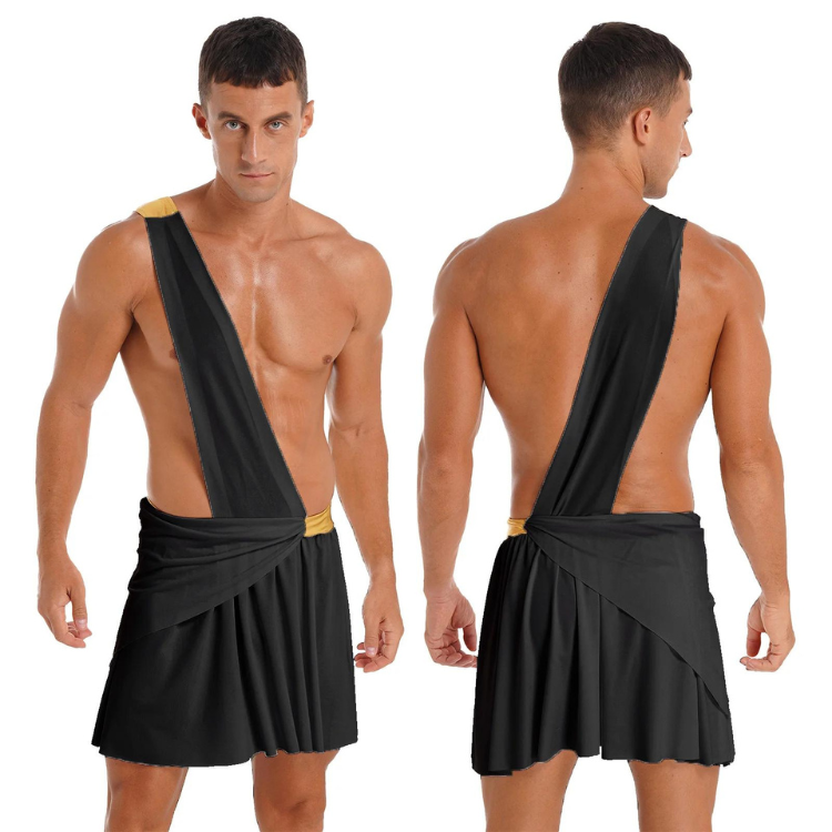 Front and back views of a model wearing a black gladiator-style tunic costume