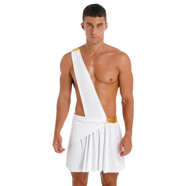 Front-facing shirtless model wearing a white one-shoulder toga with gold trim