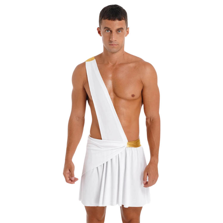Front-facing shirtless model wearing a white one-shoulder toga with gold trim
