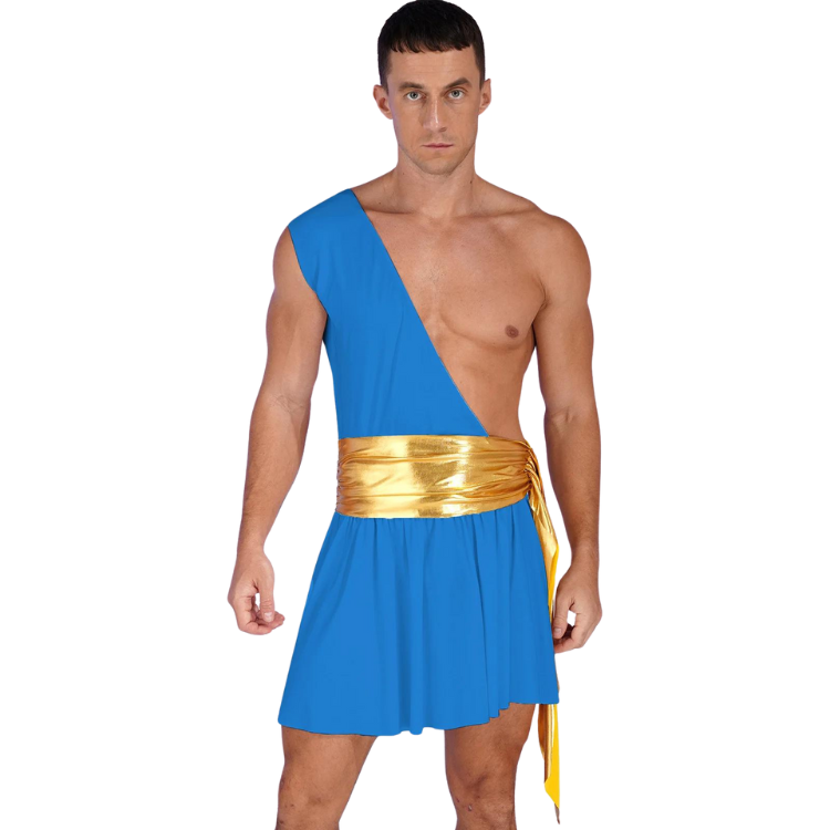 Front-facing person modeling a blue one-shoulder gladiator costume with a gold sash