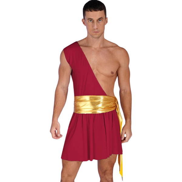 Front-facing model wearing a red one-shoulder gladiator tunic with a gold sash