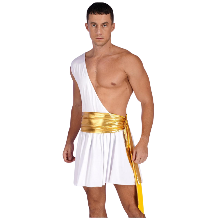 Front-view model wearing a white one-shoulder toga with a gold sash