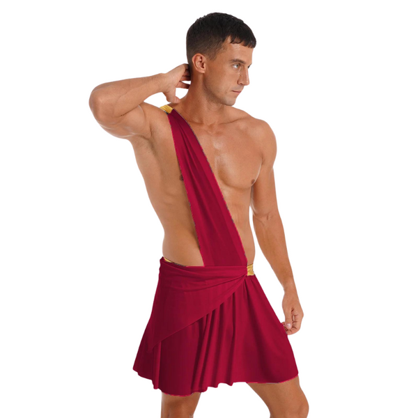 Front-facing model wearing a burgundy one-shoulder gladiator tunic with a flared skirt