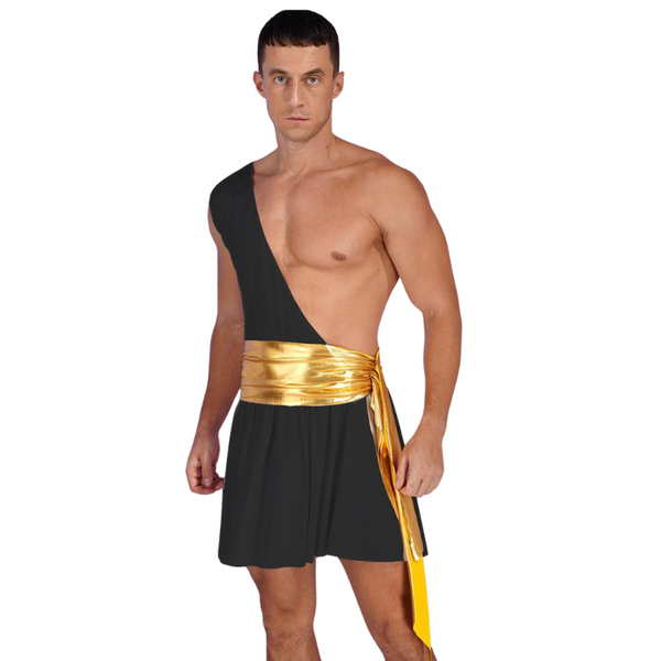 Front-facing model wearing a black gladiator tunic with a gold sash
