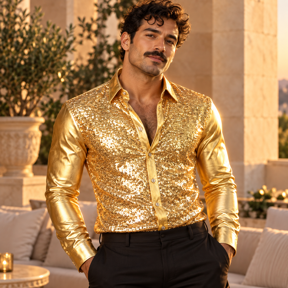 Glam Glitter Gold Long Sleeve Dress Shirt worn by a model.