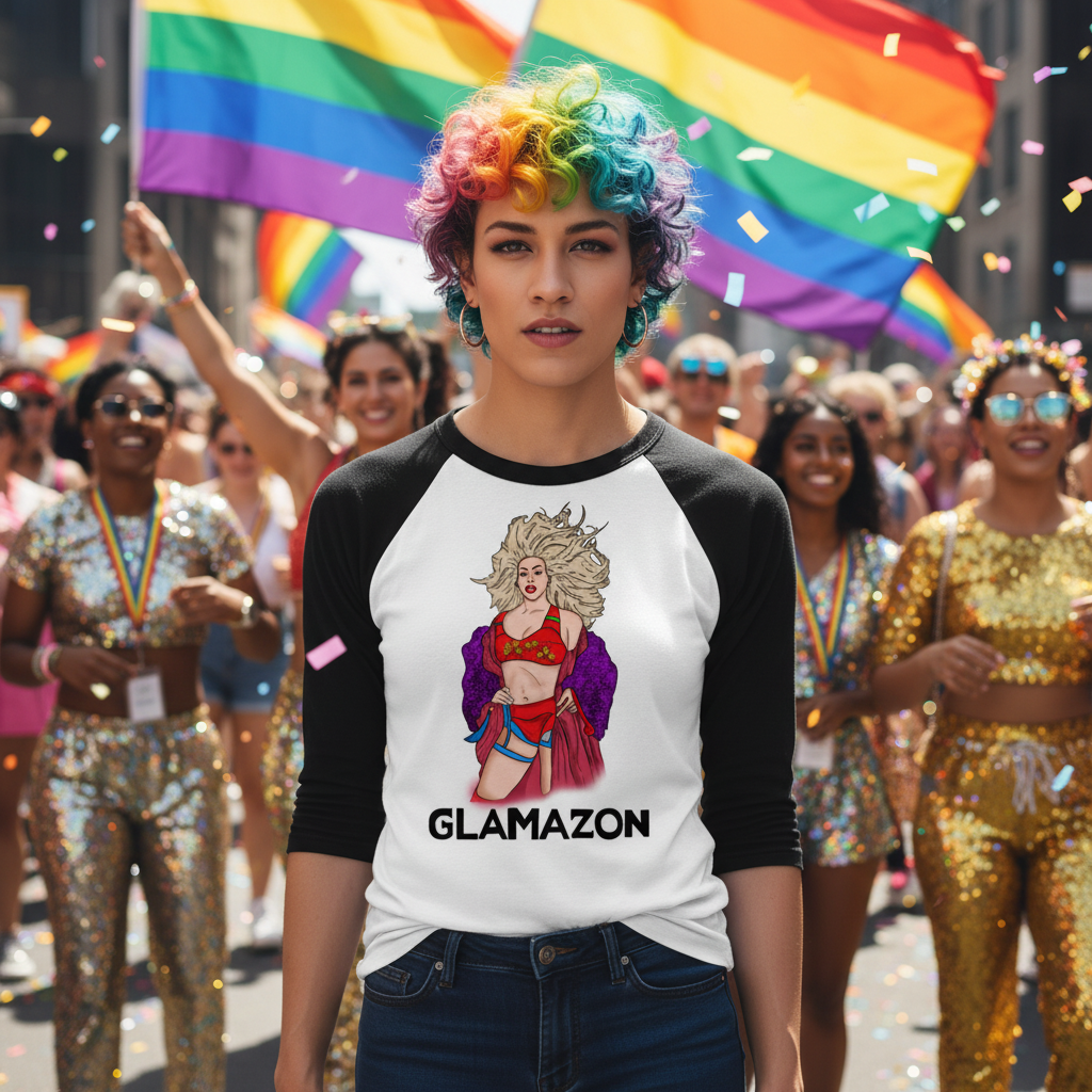 Glamazon 3/4 Sleeve Raglan Shirt with cartoon person, worn by person with curly rainbow hair at a Pride parade, flags waving