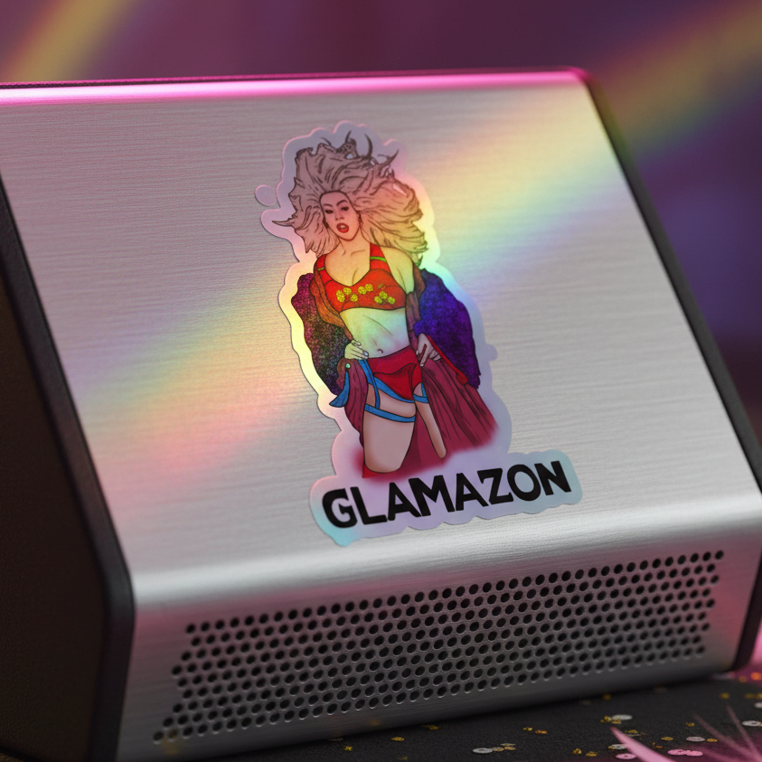 Metallic speaker featuring a holographic "GLAMAZON" sticker with rainbow shine, vibrant queer style, and bold vinyl finish.