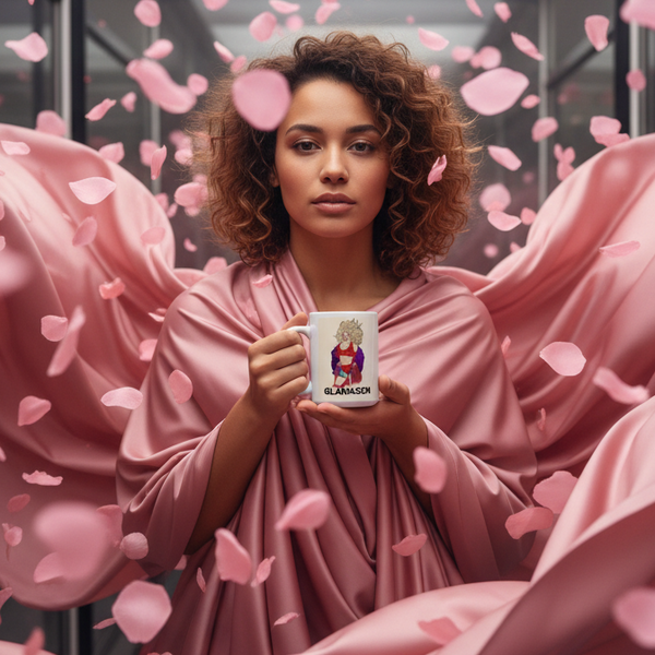 Person in pink drapery holds a white Glamazon mug with a crowned figure