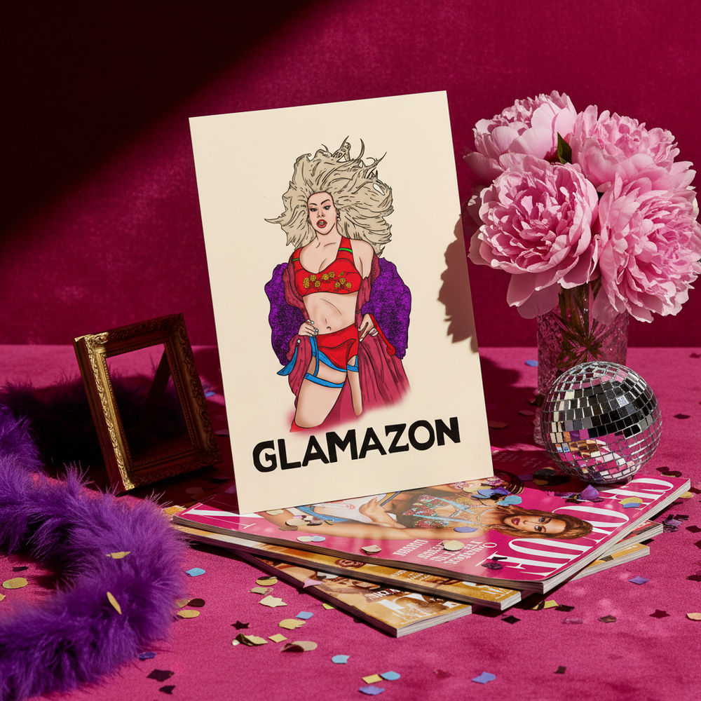Glamazon Postcard featuring a bold femme in lingerie and a purple robe on pink, with pride stickers, flowers, disco ball