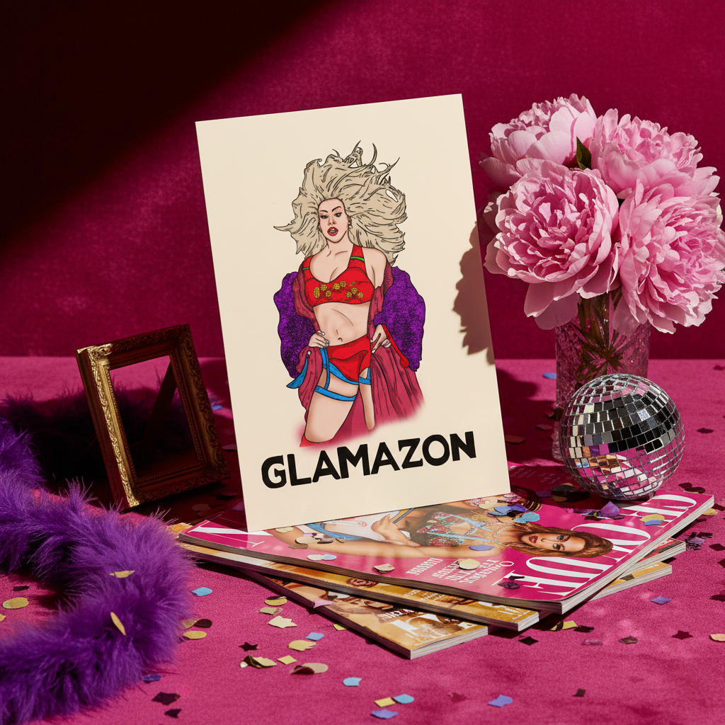 Glamazon Postcard featuring a bold femme in lingerie and a purple robe on pink, with pride stickers, flowers, disco ball