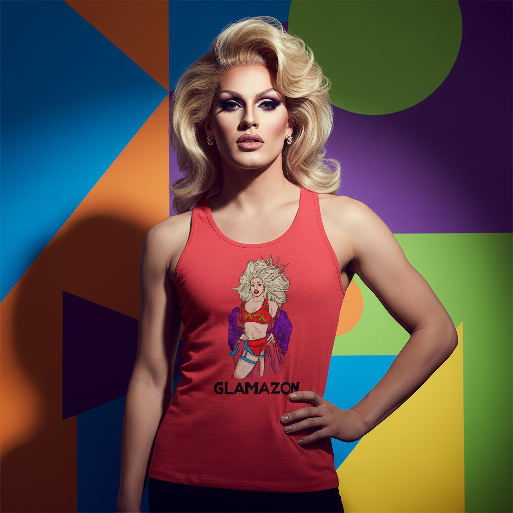 Glamazon Unisex Tank Top with bold geometric colors, cartoon drag queen graphic, and “GLAMAZON” slogan