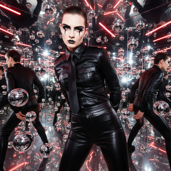 Front-facing model in a glossy black leather shirt with tie and chest pockets