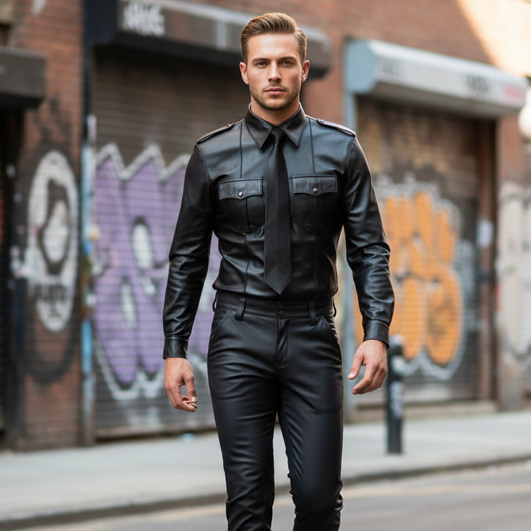 Front-facing model wearing a glossy black leather shirt with tie and matching pants