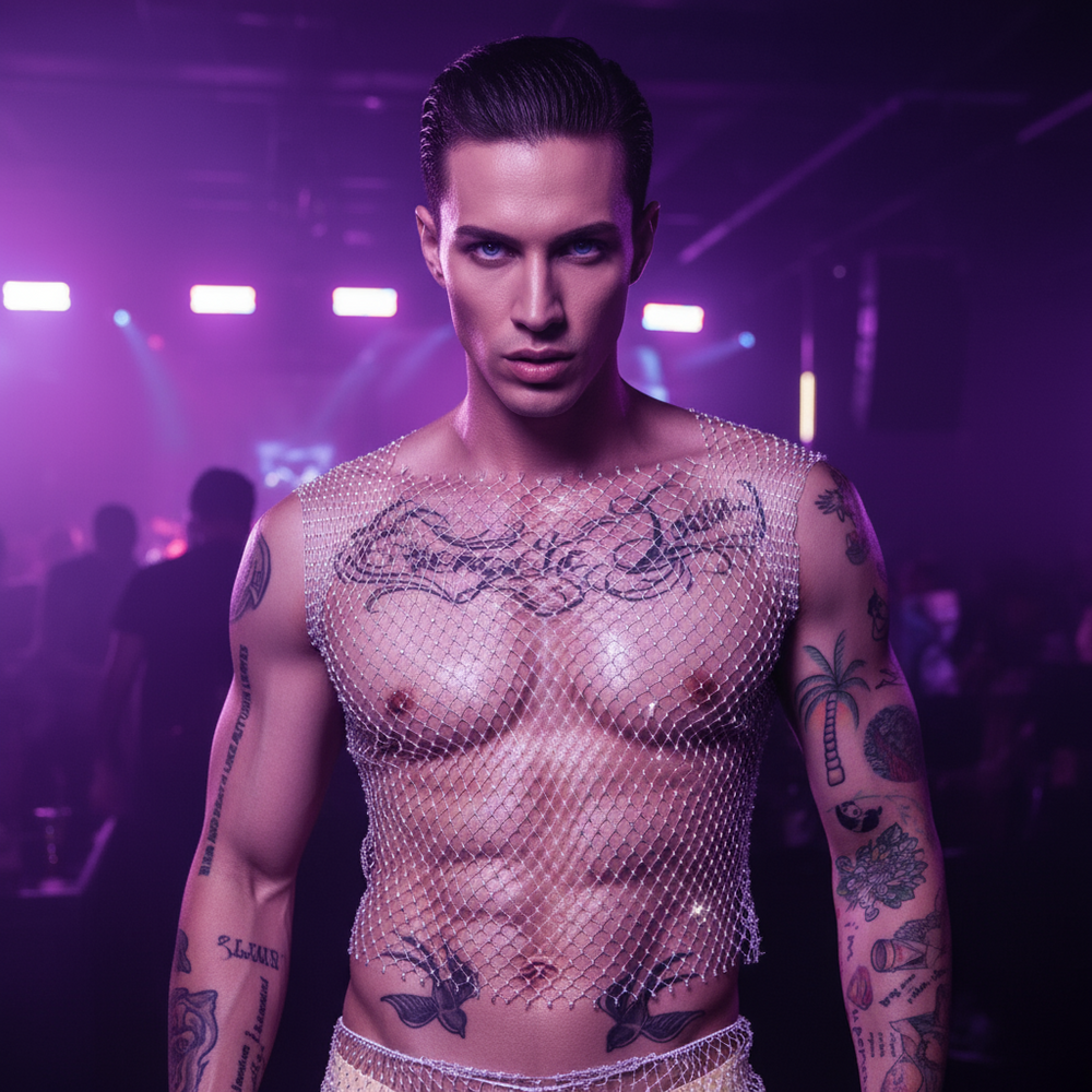 Front-facing tattooed model wears a glittering silver fishnet tank in purple club lighting