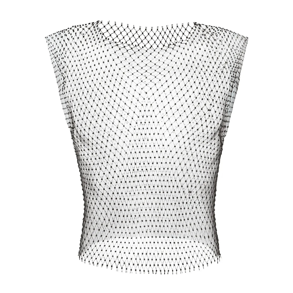Front view of a sleeveless black diamond-mesh tank top on a white background