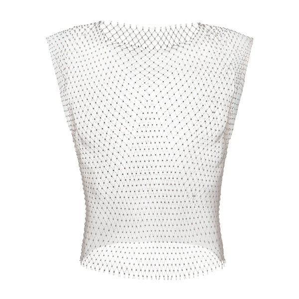 Front view of a sheer silver mesh tank top with a diamond-knit pattern and fringed hem