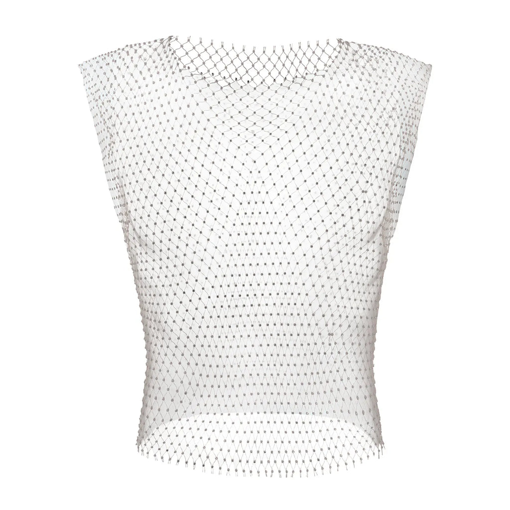 Front view of a sheer silver mesh tank top with a diamond-knit pattern and fringed hem