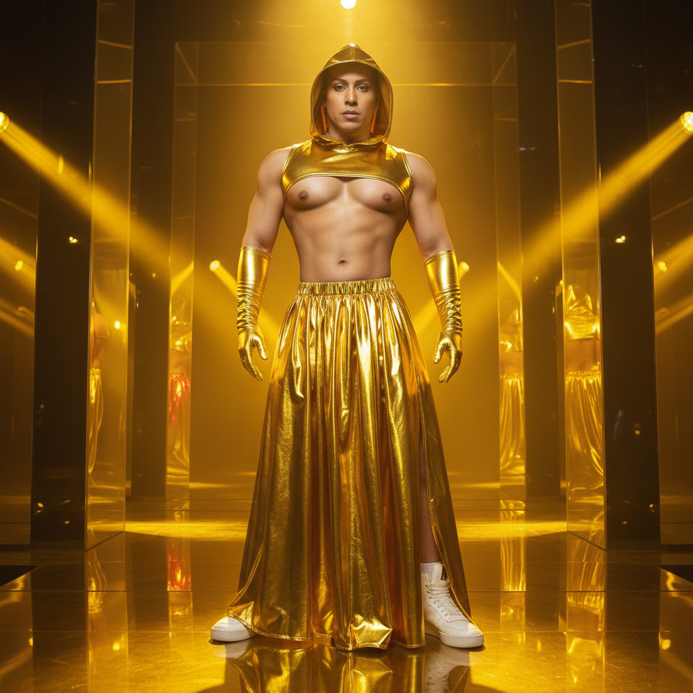 Glitter And Gogo Gold Stage Costume: metallic gold hood, skirt, gloves