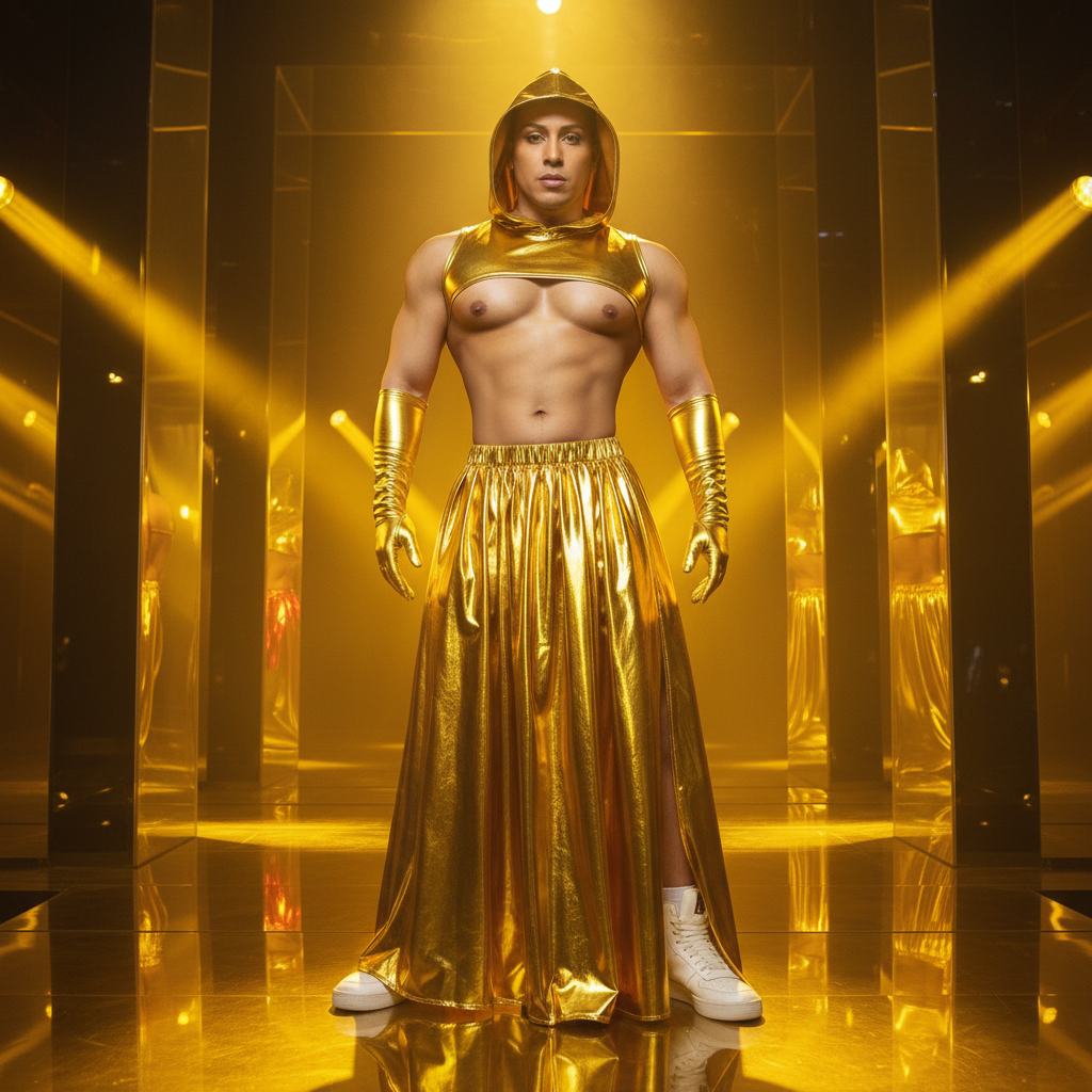 Glitter And Gogo Gold Stage Costume: metallic gold hood, skirt, gloves