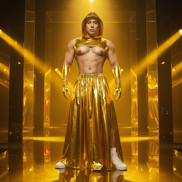 Glitter And Gogo Gold Stage Costume: metallic gold hood, skirt, gloves