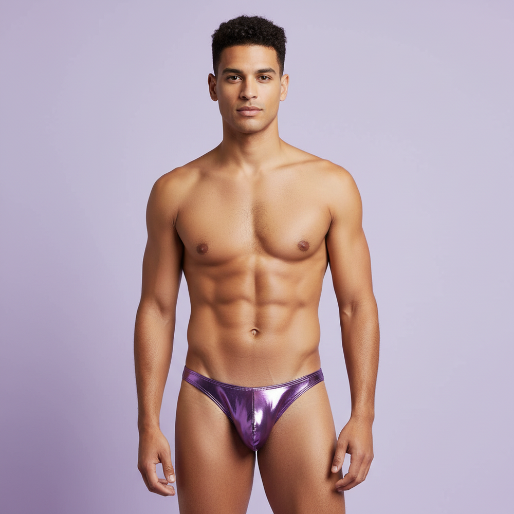 A fit person with short dark hair stands facing front against a light purple backdrop