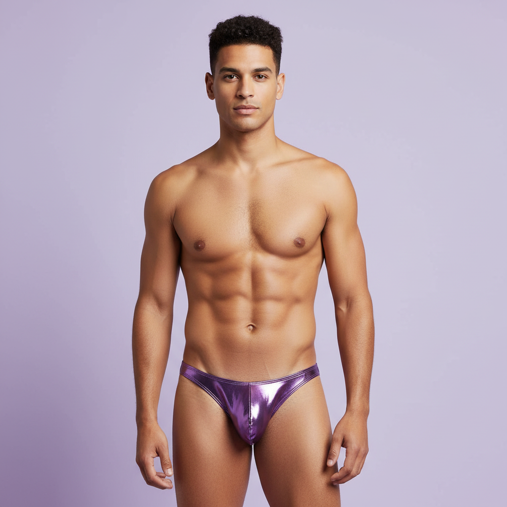 A fit person with short dark hair stands facing front against a light purple backdrop