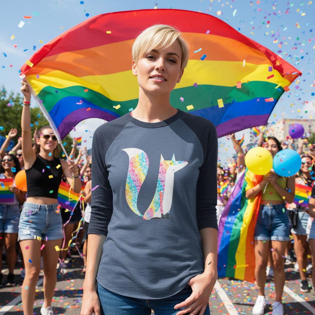 Glitter Fox 3/4 sleeve raglan shirt on a short-blond-haired person in front of a rainbow Pride flag