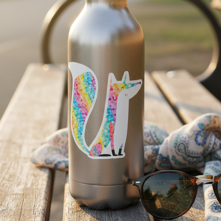 Silver water bottle with a rainbow Glitter Fox sticker sits on a wooden bench