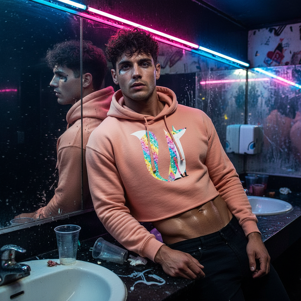 Glitter Fox Crop Hoodie with bold fox print, worn by a person on a cluttered bathroom counter