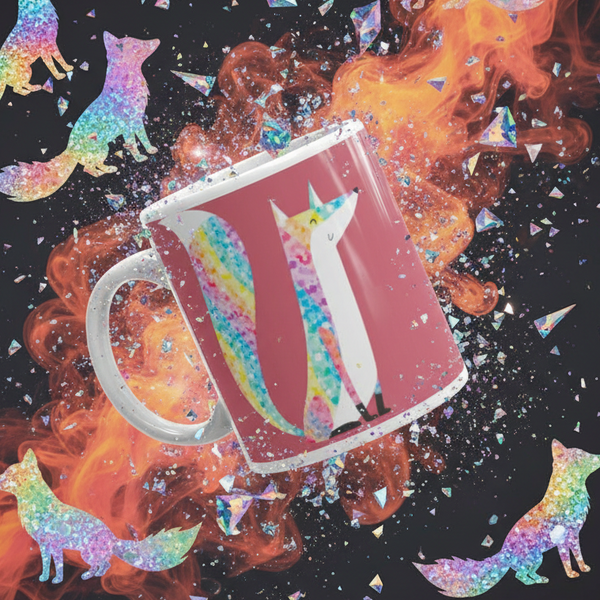 Angled white mug with a pink panel showing two colorful foxes amid fiery orange smoke