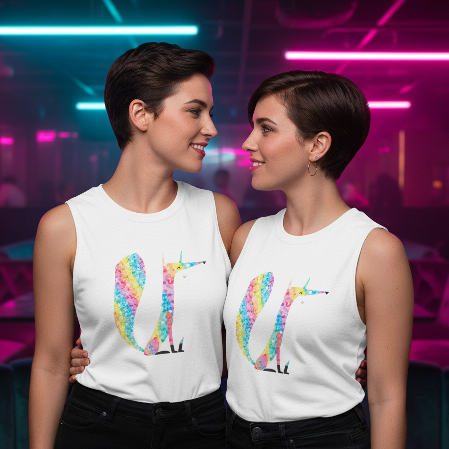 Glitter Fox Muscle Tops in a club, worn by two people with short dark hair