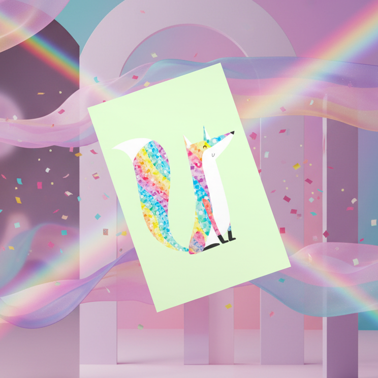 The Glitter Fox Postcard shows a pastel fox with a rainbow mosaic body on light green, with arches, confetti