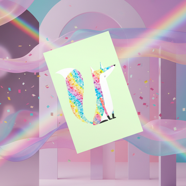 The Glitter Fox Postcard shows a pastel fox with a rainbow mosaic body on light green, with arches, confetti