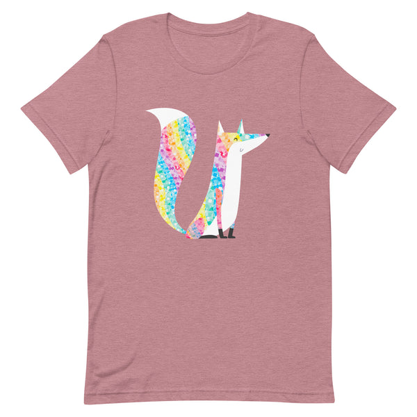 Front view of a dusty-rose T-shirt with a colorful glitter-style fox illustration