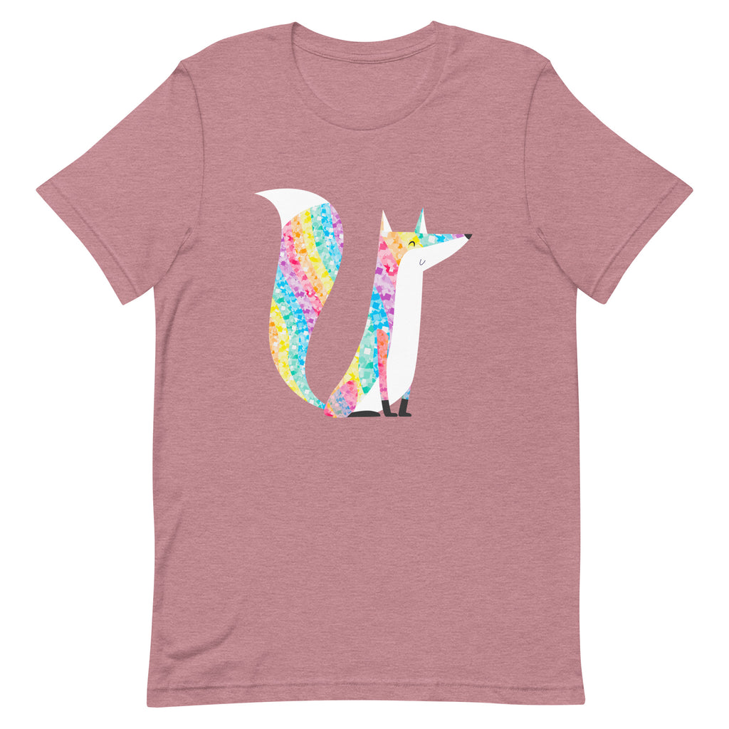 Front view of a dusty-rose T-shirt with a colorful glitter-style fox illustration