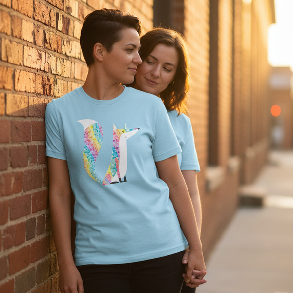 Glitter Fox T-Shirt worn by person, front and center, hugged lovingly from behind; both stand by a brick wall in sunlight