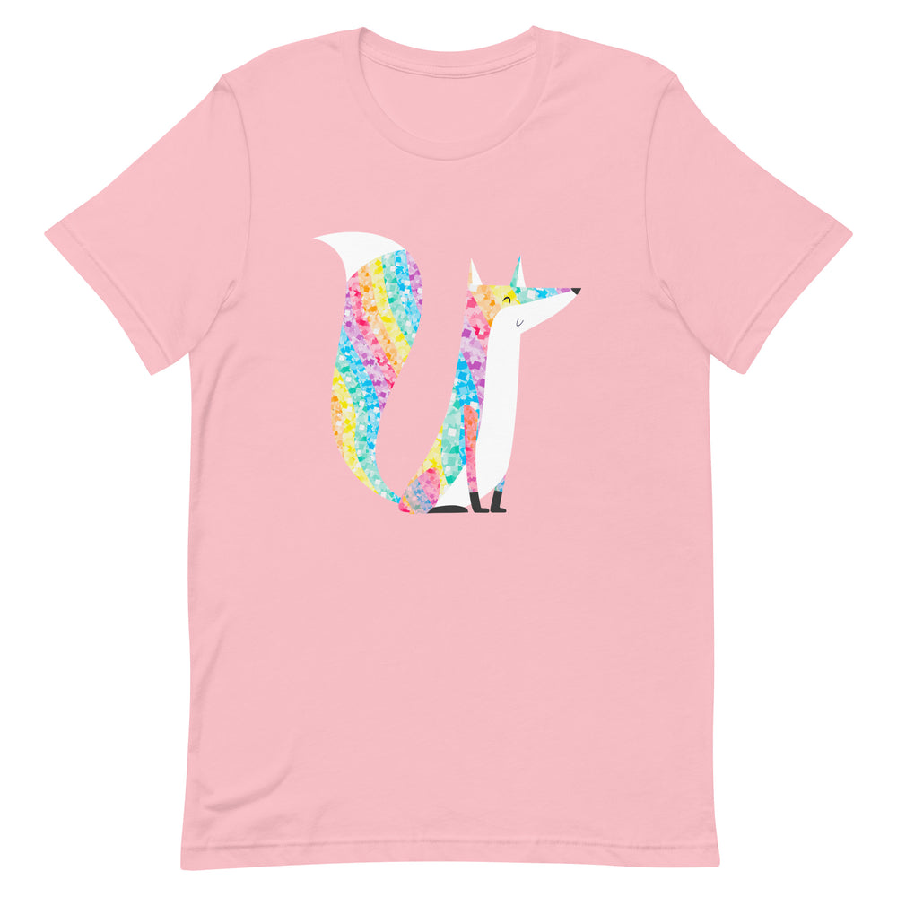 Flat-lay pink T-shirt with a colorful mosaic-tailed fox graphic on the front