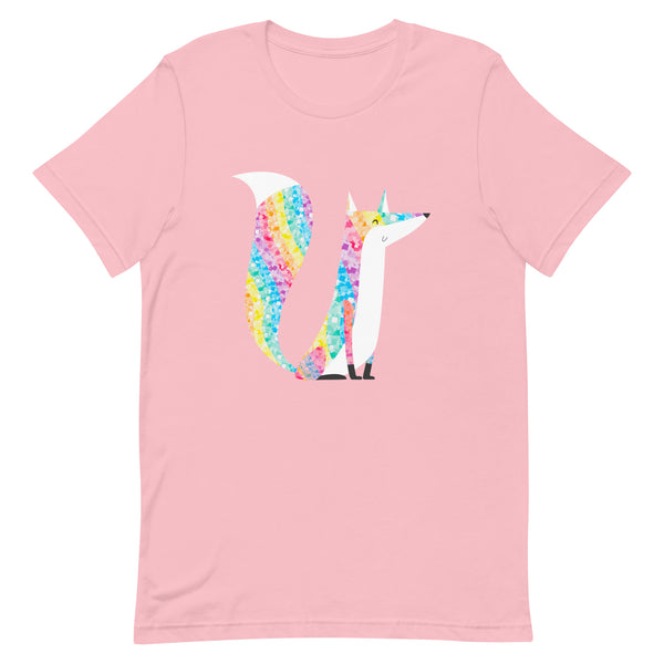 Flat-lay pink T-shirt with a colorful mosaic-tailed fox graphic on the front
