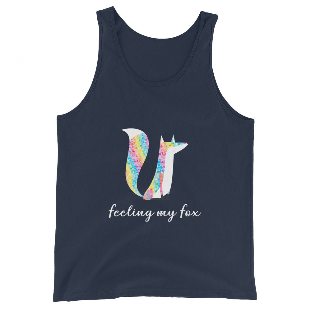 Unisex tank top in navy blue, with a rainbow fox sporting a unicorn horn and curled tail above “feeling my fox” in white