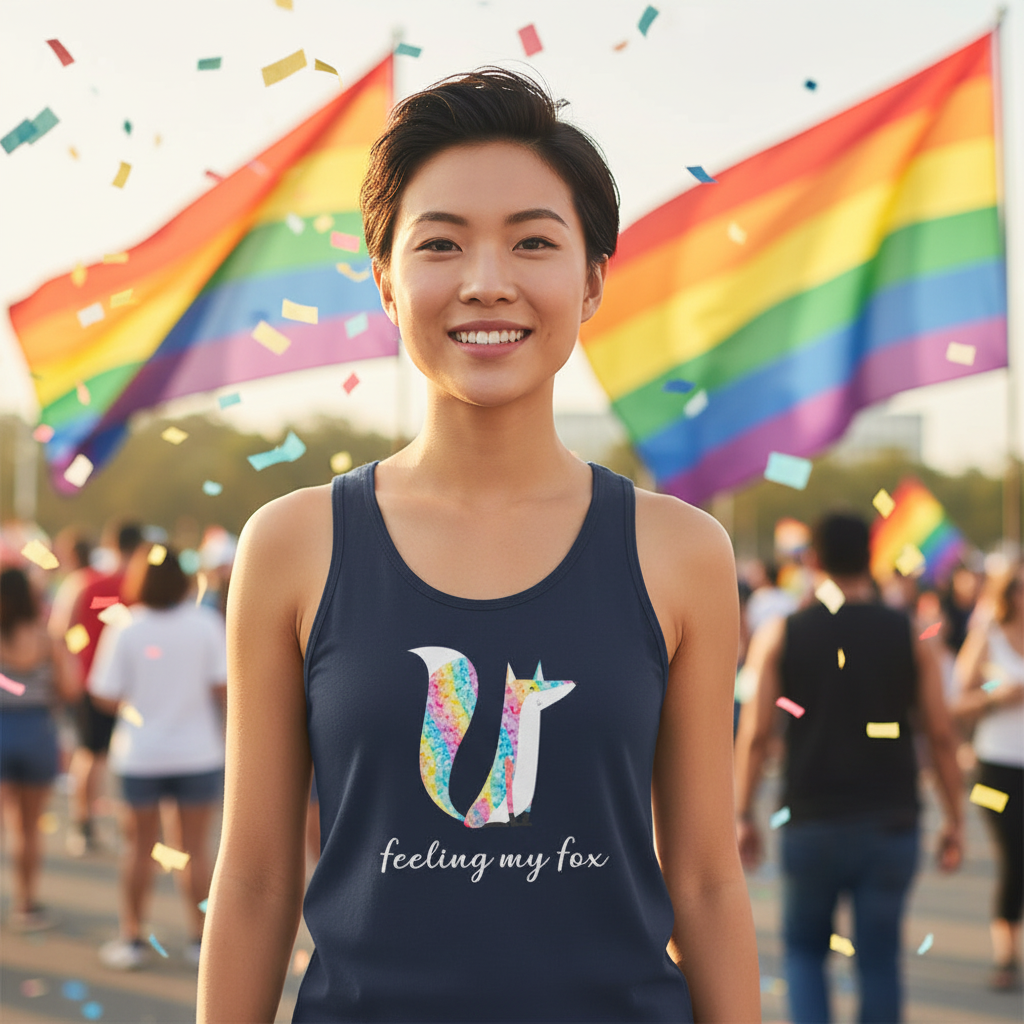 Glitter Fox Unisex Tank Top with a bold fox graphic, worn by a smiling person at Pride among rainbow flags and confetti