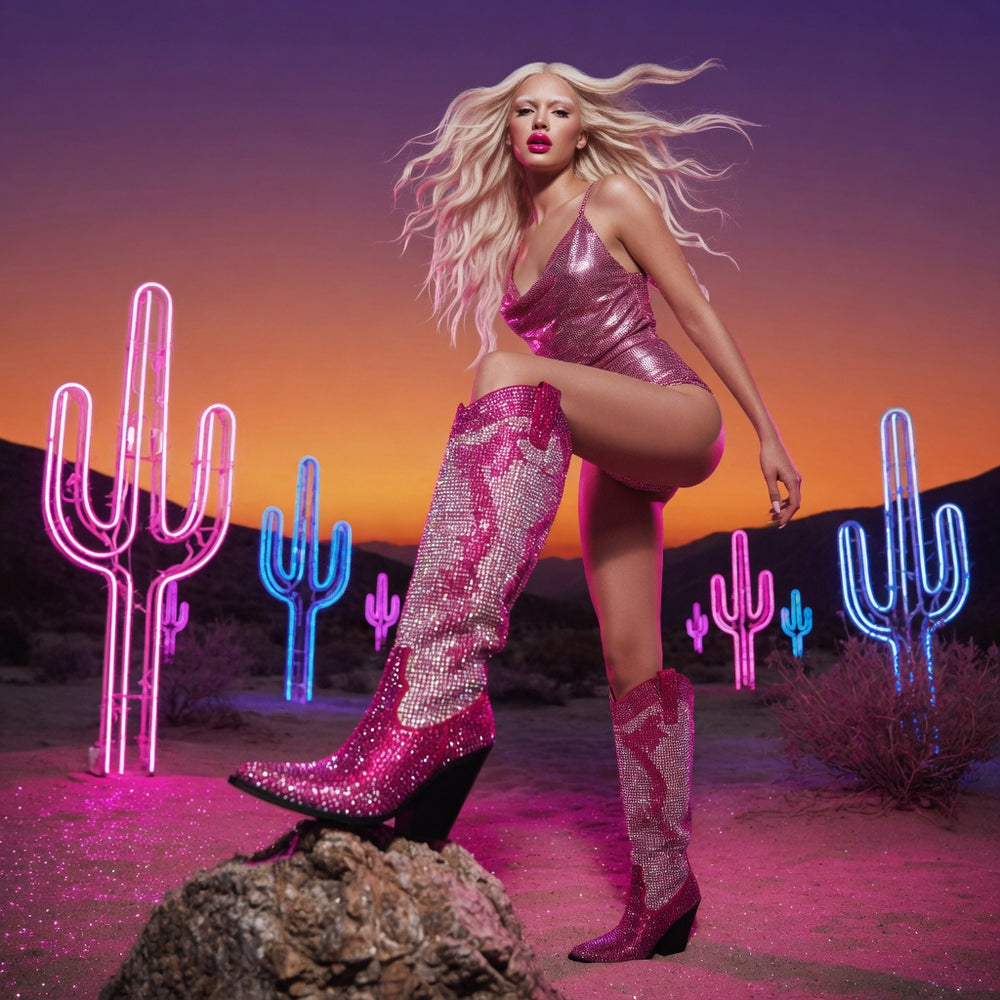Model wearing sparkling pink thigh-high heeled boots in a neon cactus desert scene